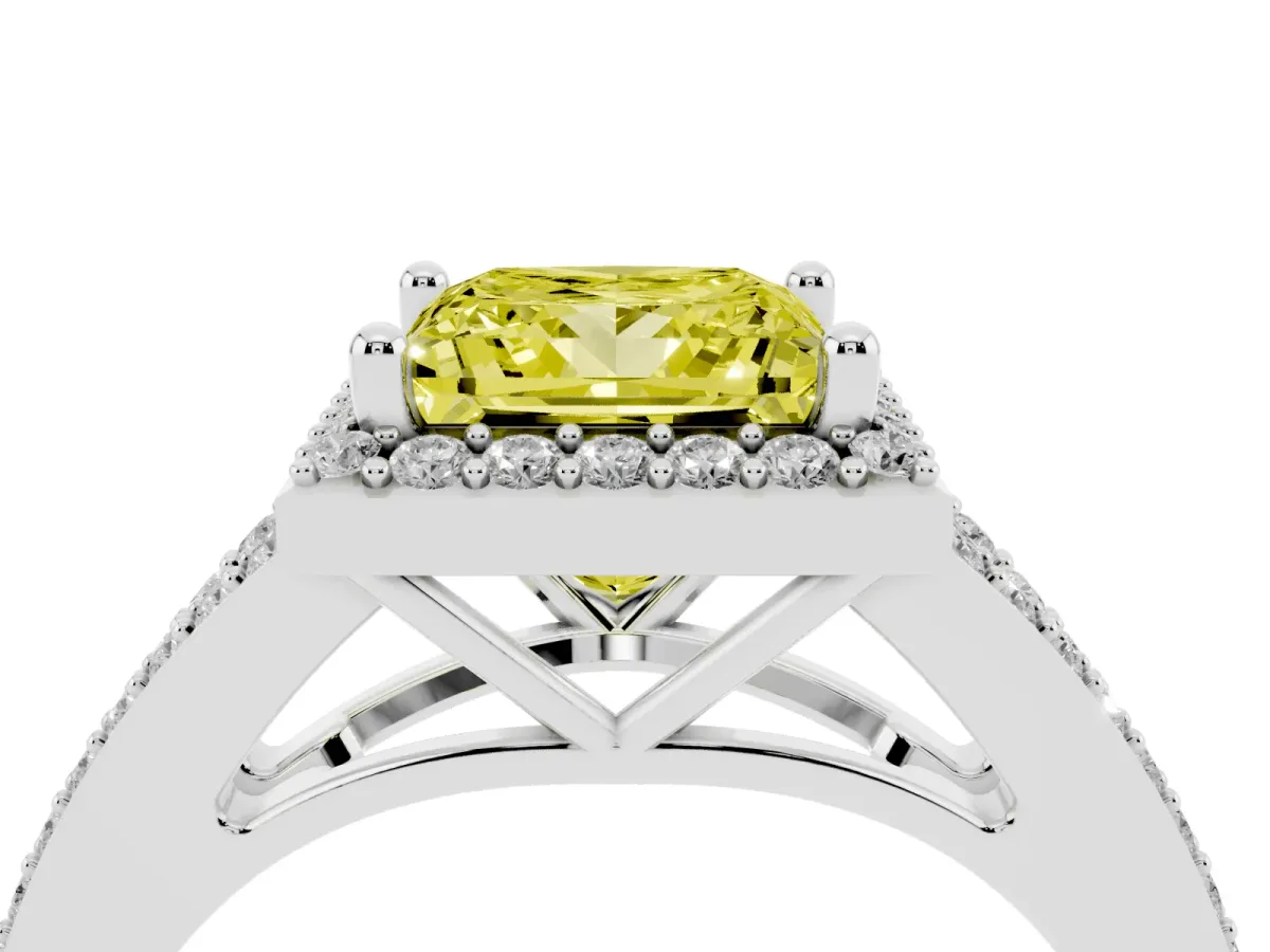 Fancy Yellow Princess Cut Halo Split Shank Diamond Ring with Prong Setting Silver