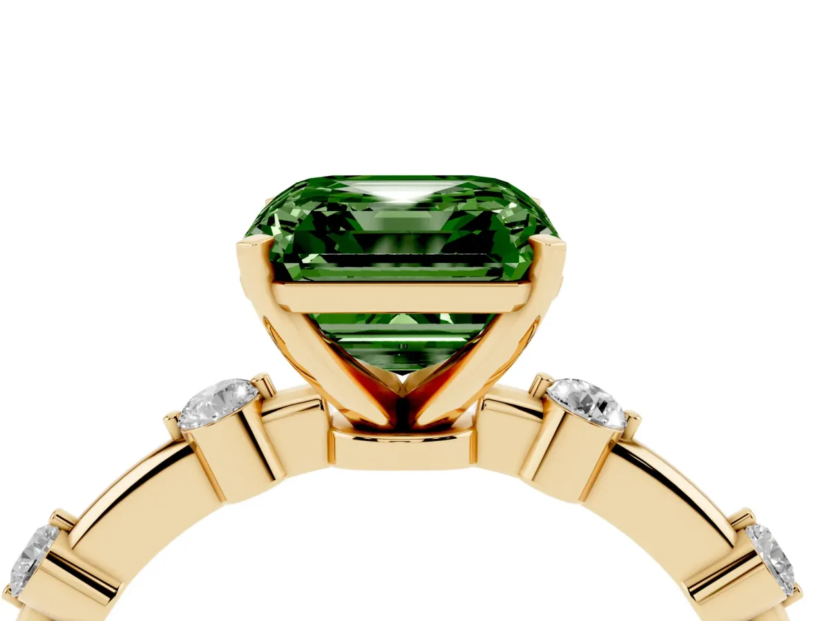 Fancy Green Asscher Cut Solitaire Diamond Ring with Bezel Set Side Stones and Prong Setting Yellow gold