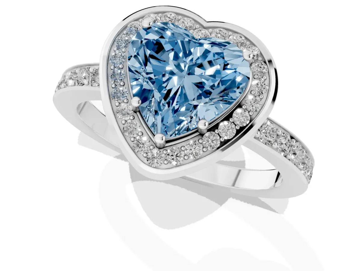 Fancy Blue Heart Cut Diamond Halo Ring with Bezel Frame and Pavé Band Silver