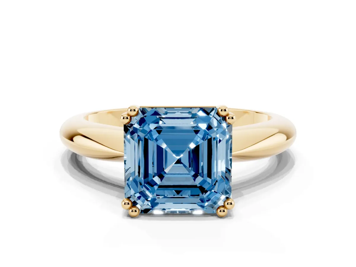 Fancy Blue Asscher Cut Cut Solitaire Engagement Ring with Tapered Band and Four-Prong Setting Yellow gold