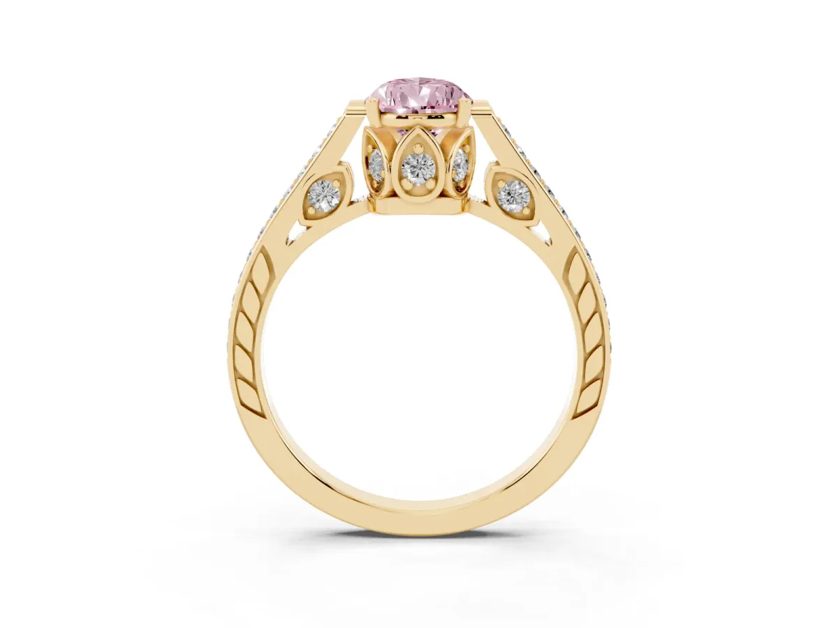 Fancy Pink Pear Cut Cut Cathedral Pave Diamond Engagement Ring with Six-Prong Setting Yellow gold