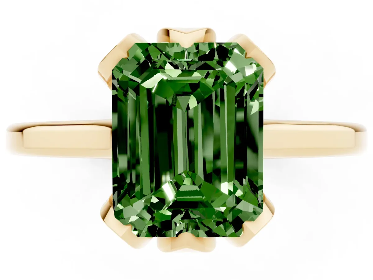 Fancy Green Emerald Cut Diamond Solitaire Ring with Flower Prong Setting and Classic Band Yellow gold