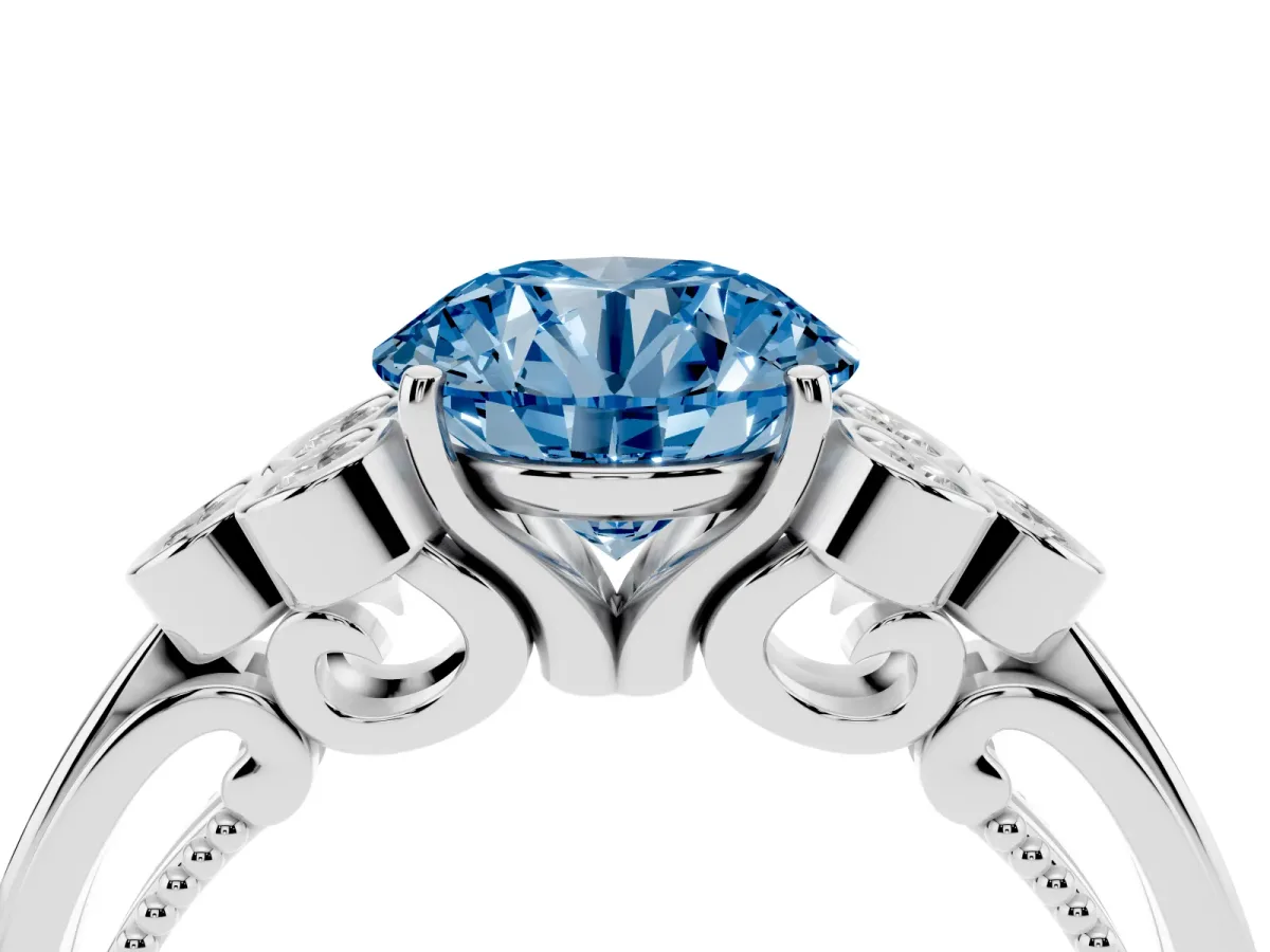 Fancy Blue Round Cut Cut Diamond Engagement Ring with Bezel Set Round Side Stones and Prong Setting Silver