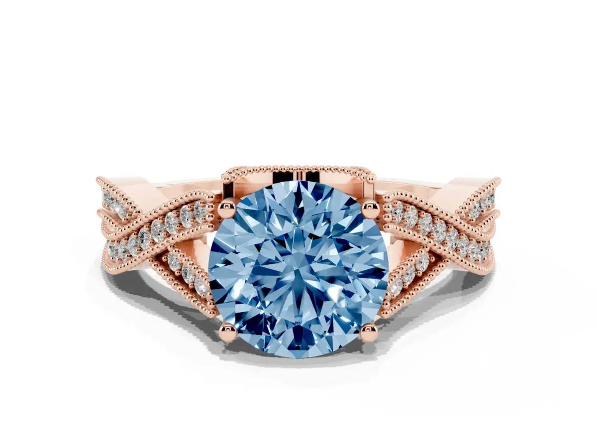 Fancy Blue Round Cut Cut Diamond Twisted Band with Milgrain Pave Setting and Four-Prong Setting Rose gold