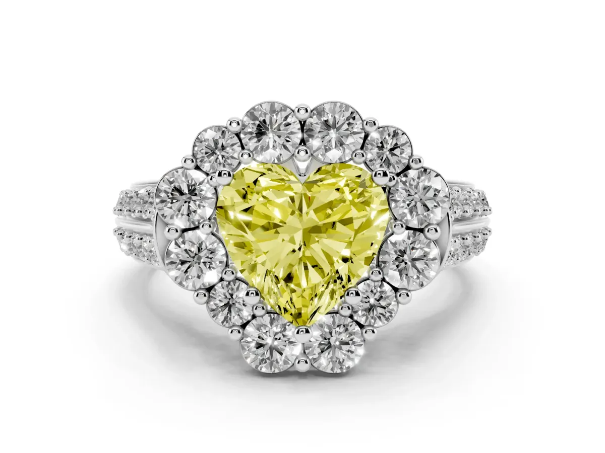 Fancy Yellow Heart Cut Halo Diamond Engagement Ring with Split Shank and Prong Setting Silver