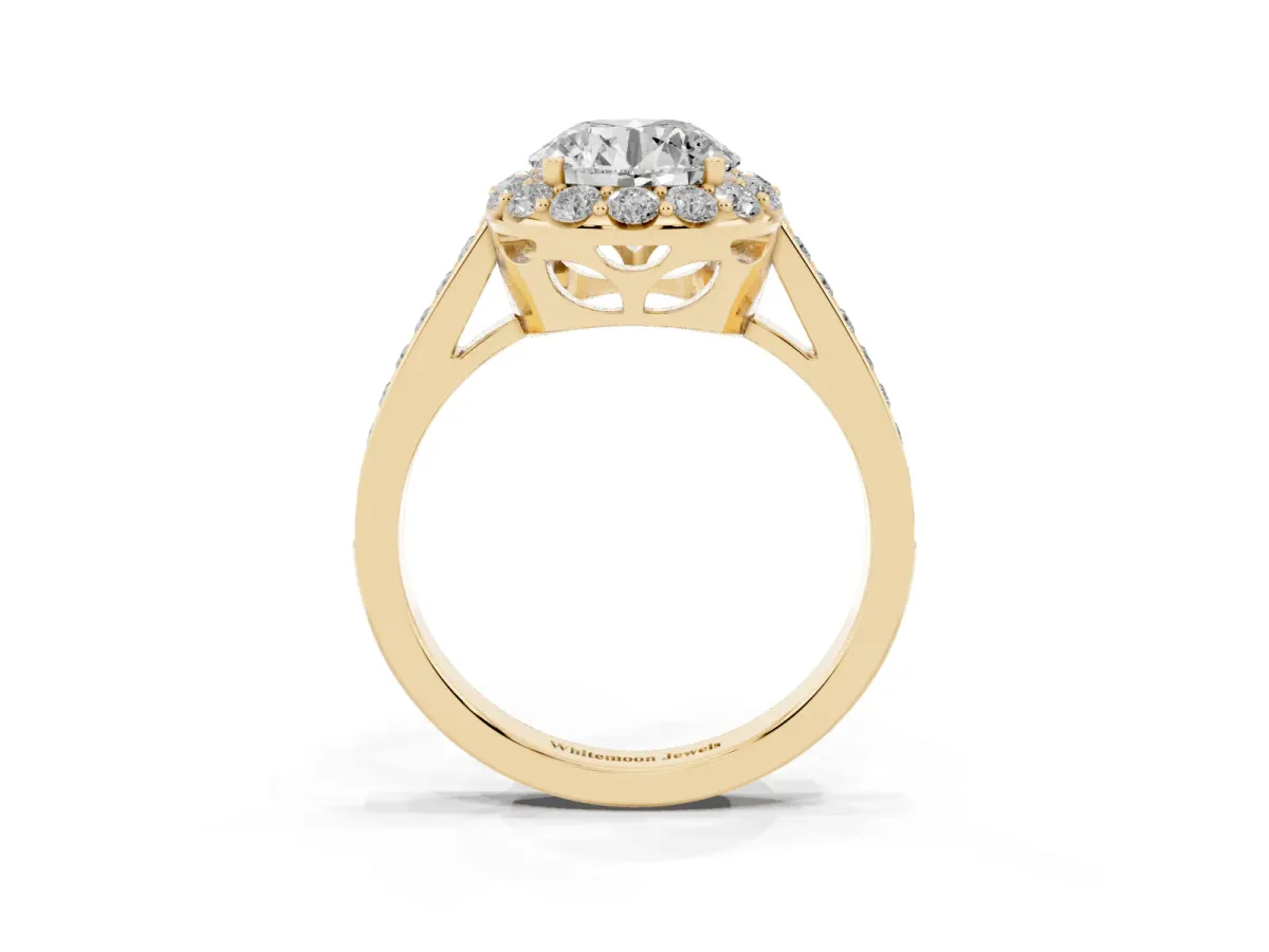 Round Cut Diamond Floral Halo Ring with Pavé Band and Prong Setting Yellow gold