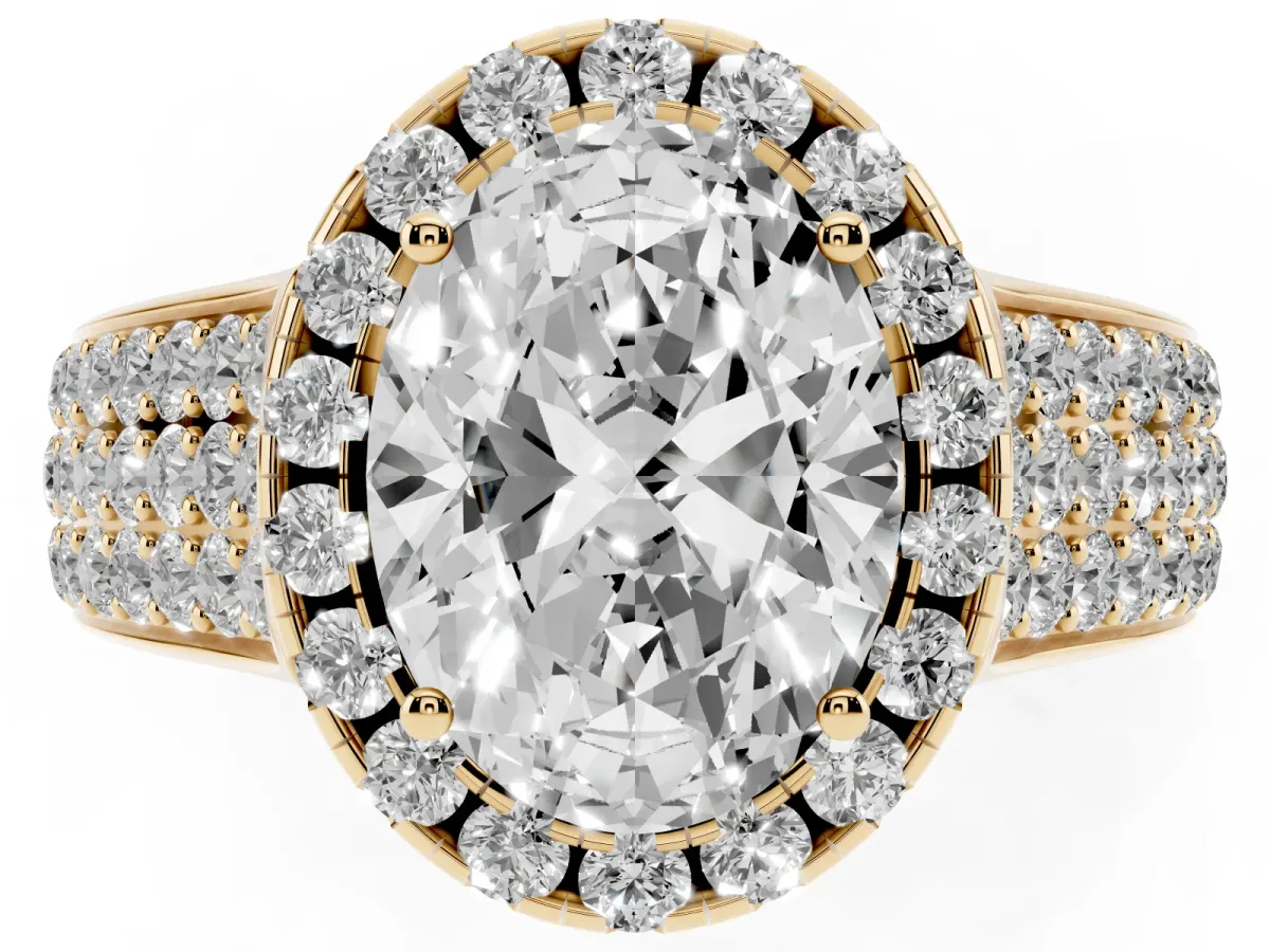 Oval Cut Halo Round Diamond Pave Band with Prong Setting Yellow gold