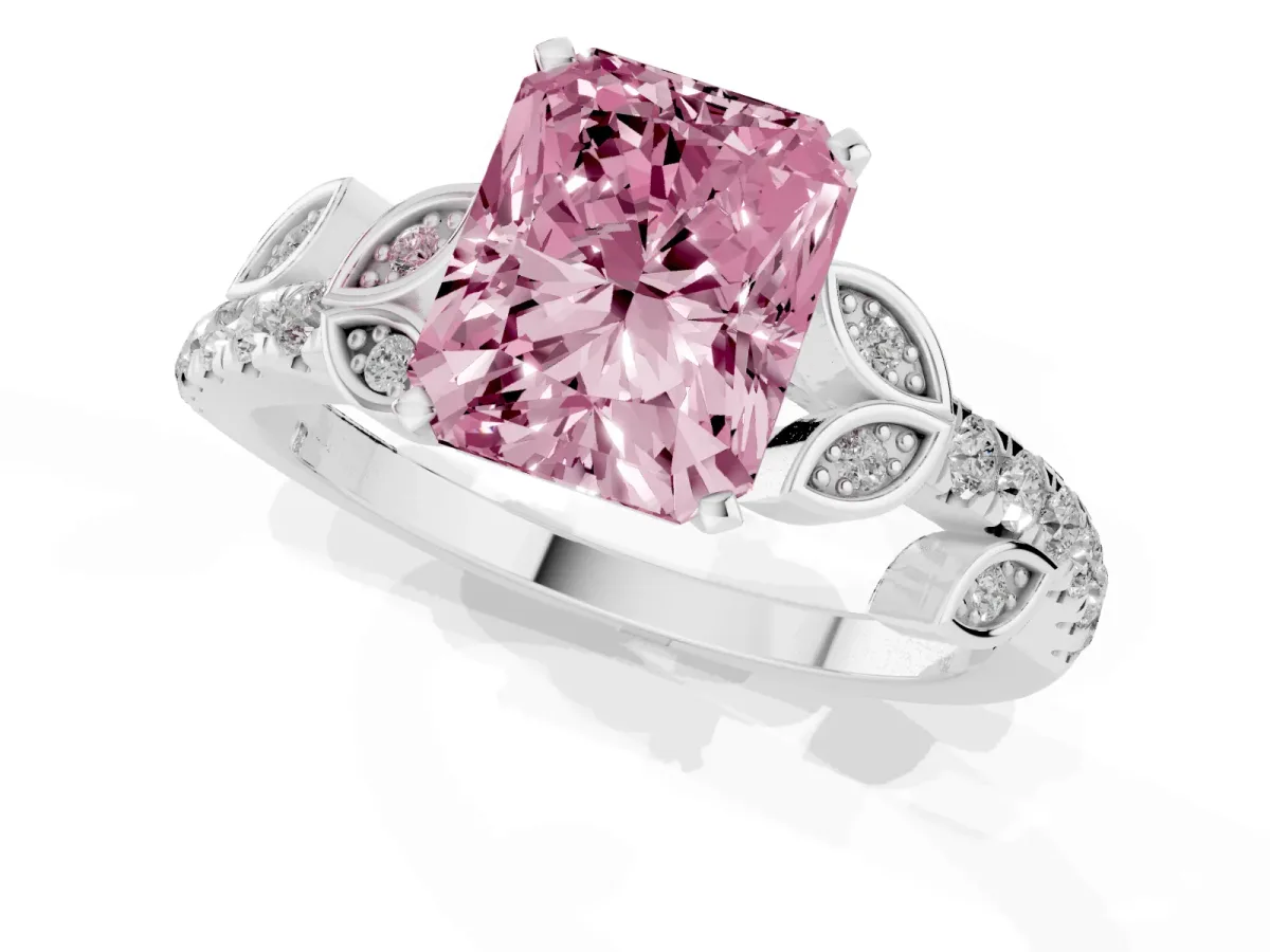 Fancy Pink Radiant Cut Solitaire Leaf-Inspired Diamond Ring with Pavé Band and Four-Prong Setting Silver