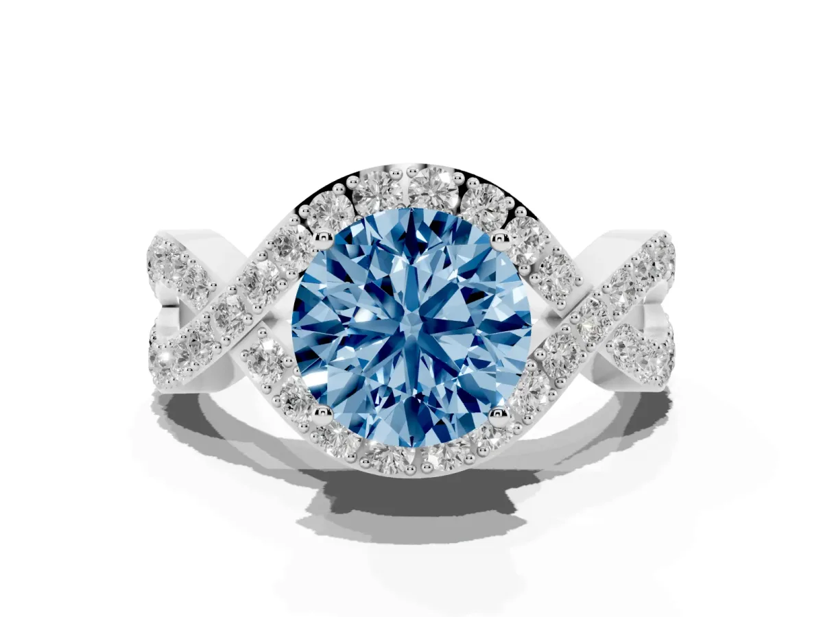 Fancy Blue Round Cut Solitaire Twist Band Pavé Diamond Engagement Ring Silver