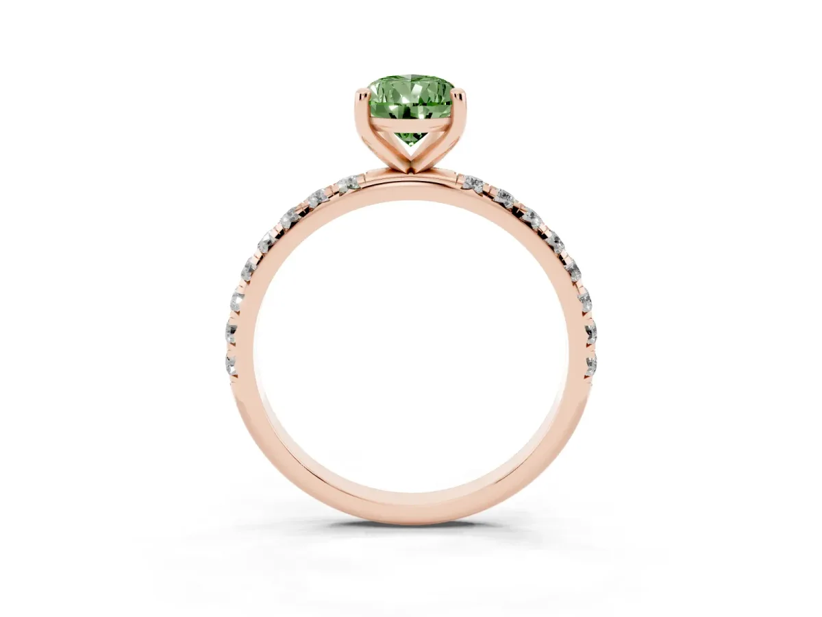 Fancy Green Pear Cut Cut Diamond Solitaire Ring with Micro Pave Band and Four Prong Setting Rose gold