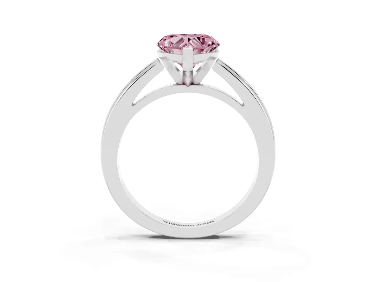 Fancy Pink Heart Cut Solitaire Diamond Ring with Four-Prong Setting and Classic Band Silver