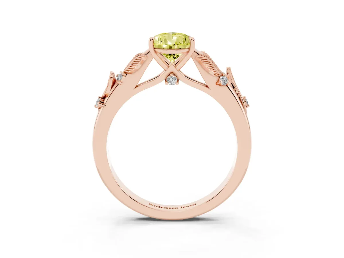 Fancy Yellow Pear Cut Diamond Solitaire Ring with Leaf Motif Band and Four-Prong Setting Rose gold
