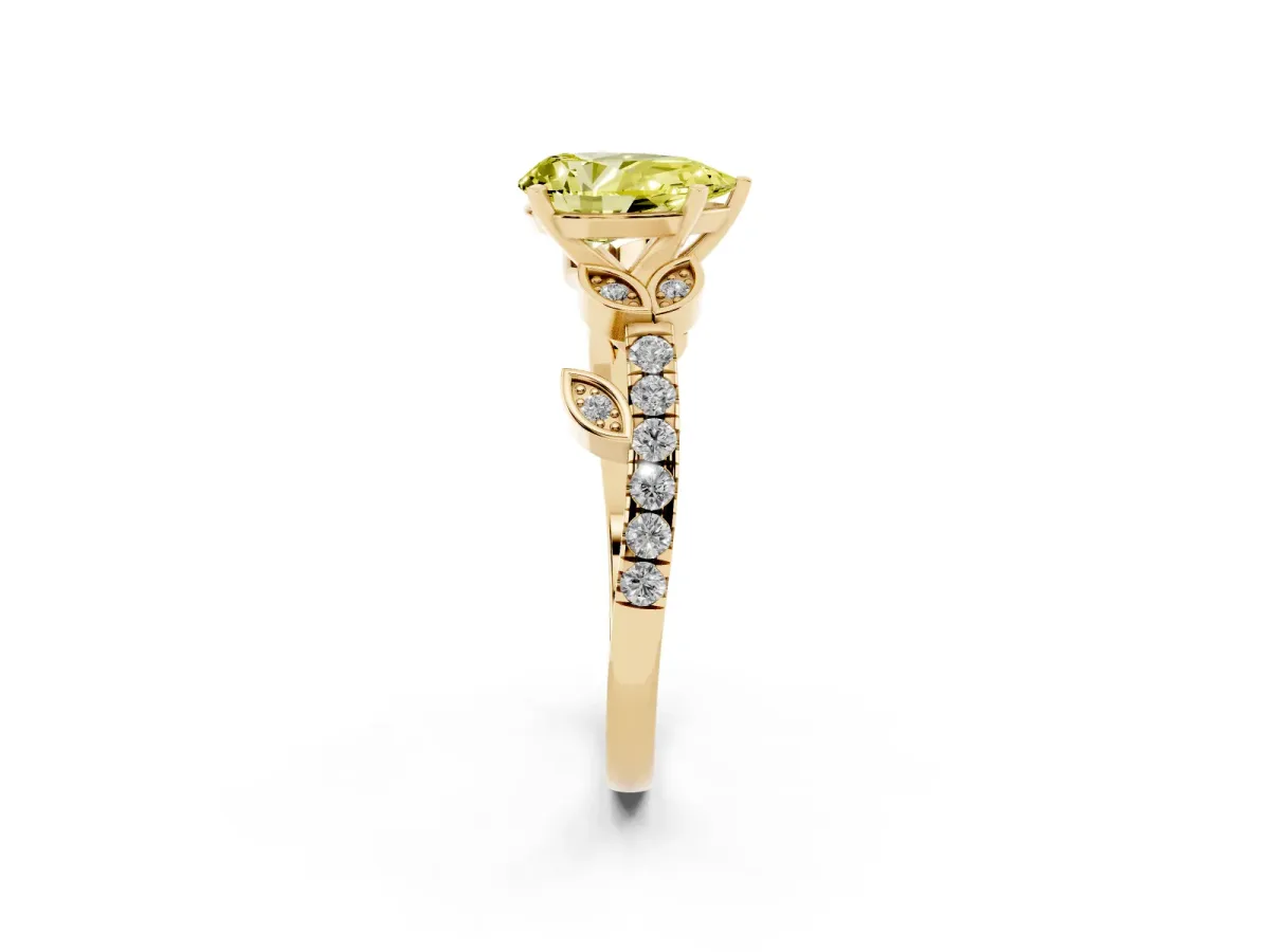 Fancy Yellow Pear Cut Solitaire Leaf-Inspired Diamond Ring with Pavé Band and Four-Prong Setting Yellow gold