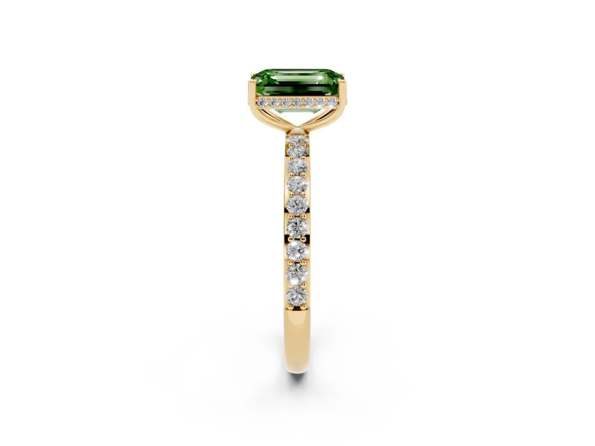 Fancy Green Emerald Cut Diamond Solitaire Ring with Pavé Band and Hidden Halo Yellow gold