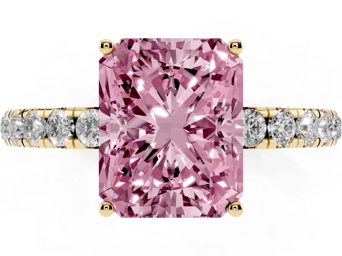 Fancy Pink Radiant Cut Diamond Pavé Solitaire Engagement Ring with Four-Prong Setting Yellow gold