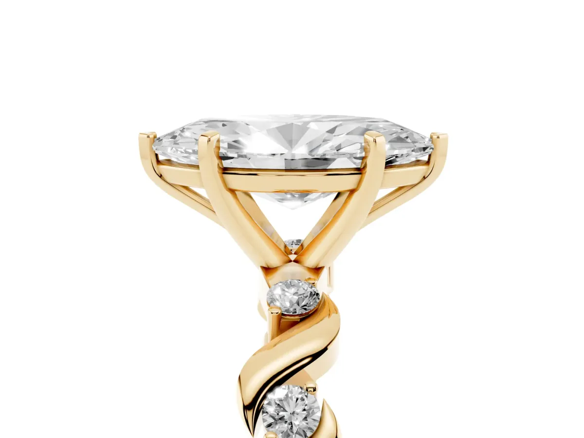 Marquise Cut Diamond Solitaire Twisted Band with Round Accents and Prong Setting Yellow gold