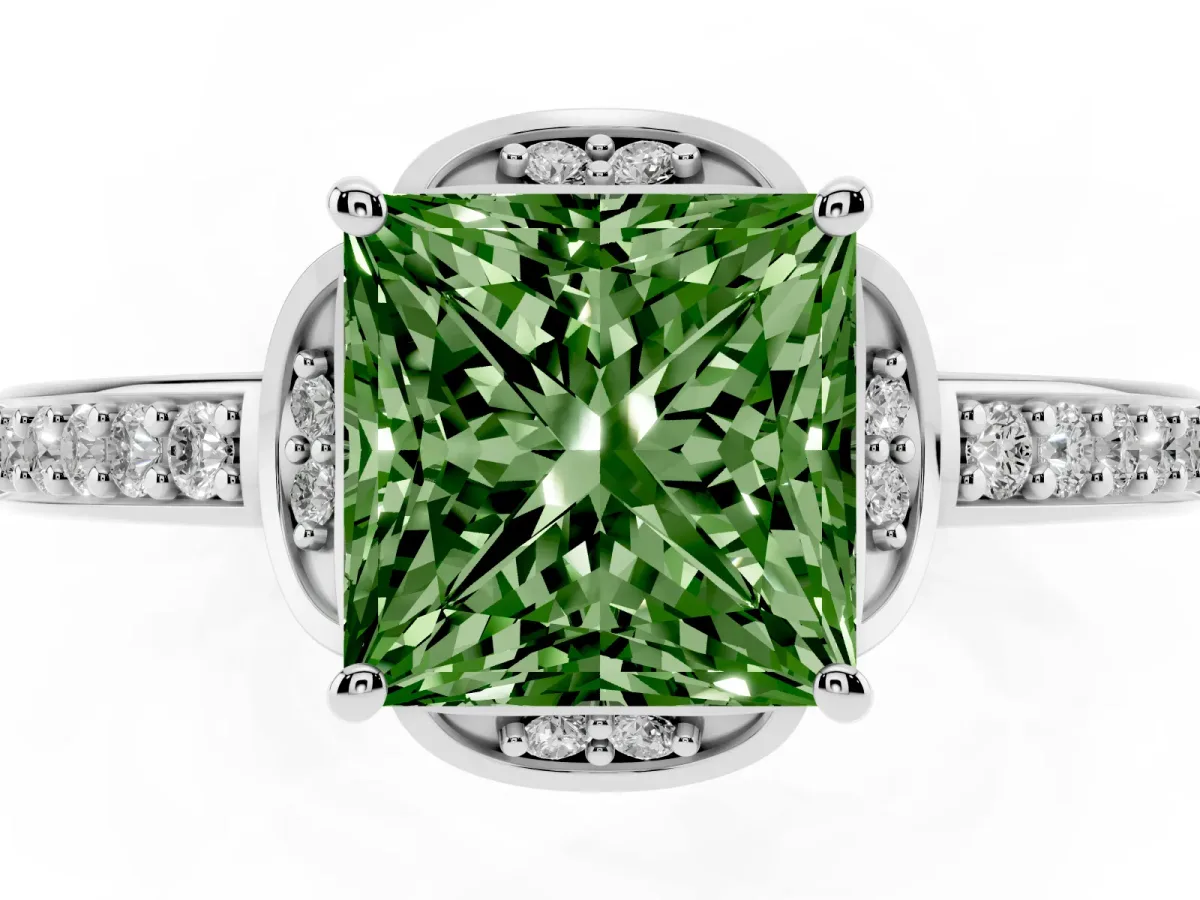 Fancy Green Princess Cut Cut Halo Diamond Ring with Channel Set Band and Four-Prong Setting White gold