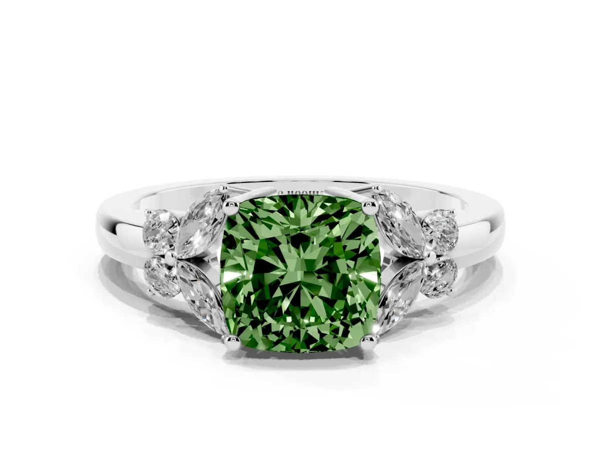 Fancy Green Cushion Cut Cut Solitaire Floral Diamond Ring with Four-Prong Setting Silver