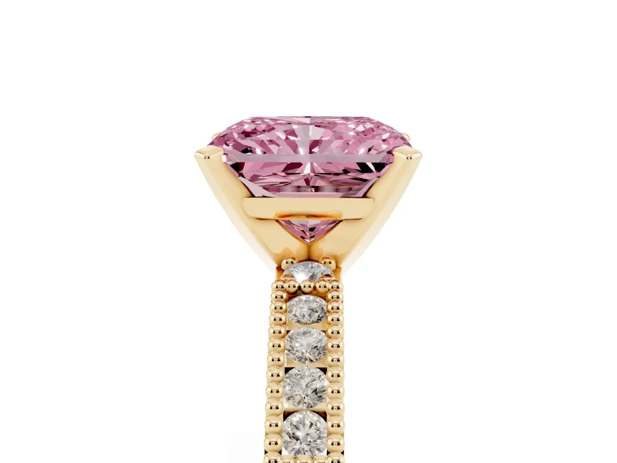 Fancy Pink Radiant Cut Solitaire with Pavé Band and Four-Prong Setting Yellow gold