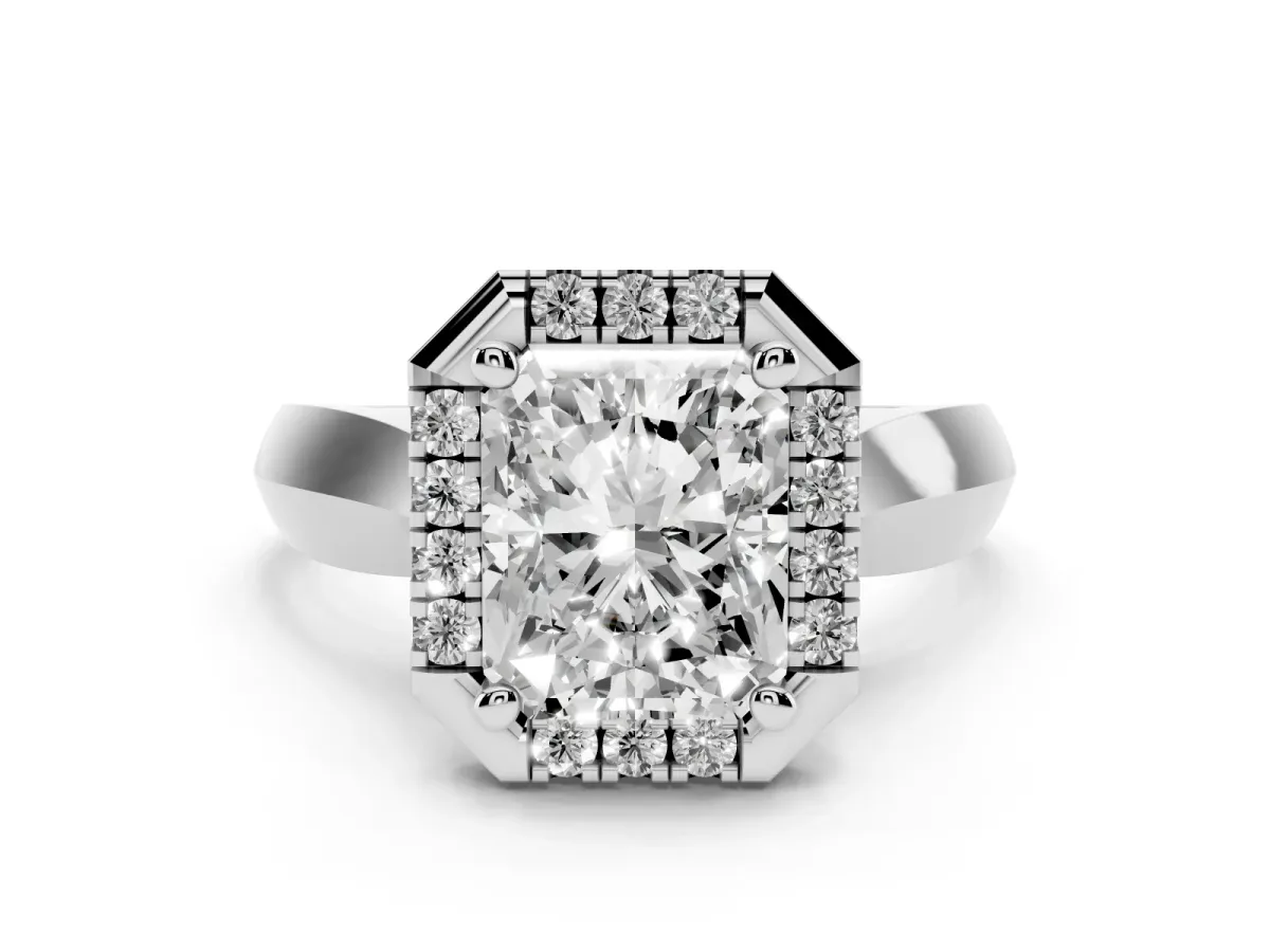 Radiant Cut Cut Halo Solitaire Engagement Ring with Square Band and Four-Prong Setting Platinum