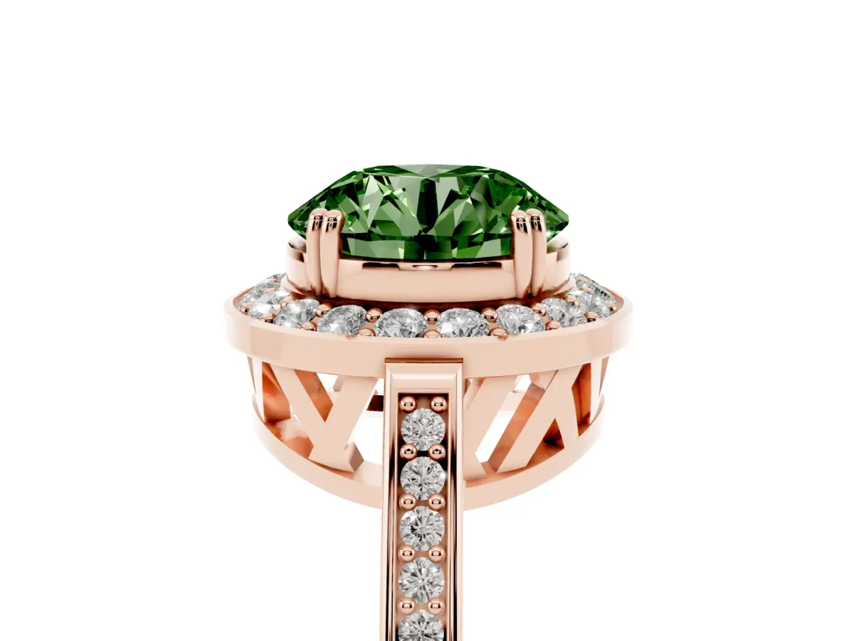 Fancy Green Round Cut Diamond Halo Ring with Split Shank and Four-Prong Setting Rose gold