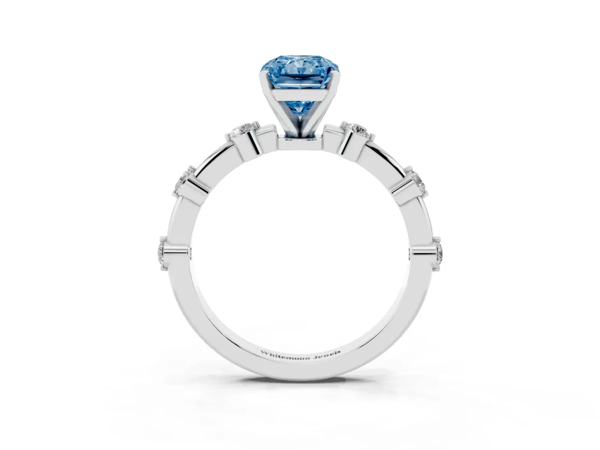 Fancy Blue Radiant Cut Solitaire Diamond Ring with Bezel Set Side Stones and Prong Setting Silver