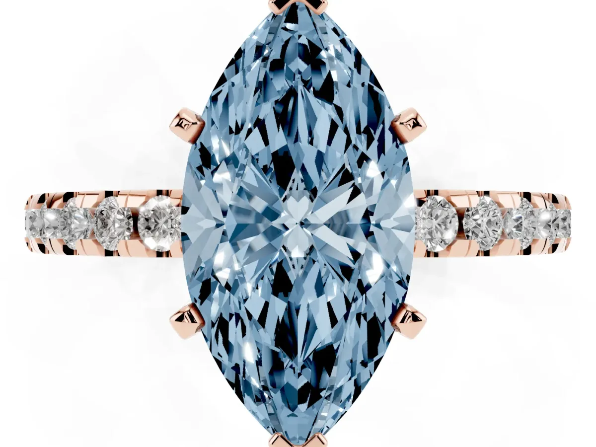 Fancy Blue Marquise Cut Diamond Solitaire Ring with Round Pavé Band and Four-Prong Setting Rose gold