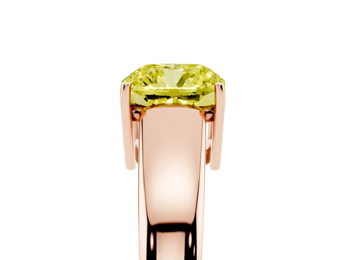 Fancy Yellow Cushion Cut Solitaire Diamond Ring with Tapered Band and Four-Prong Setting Rose gold