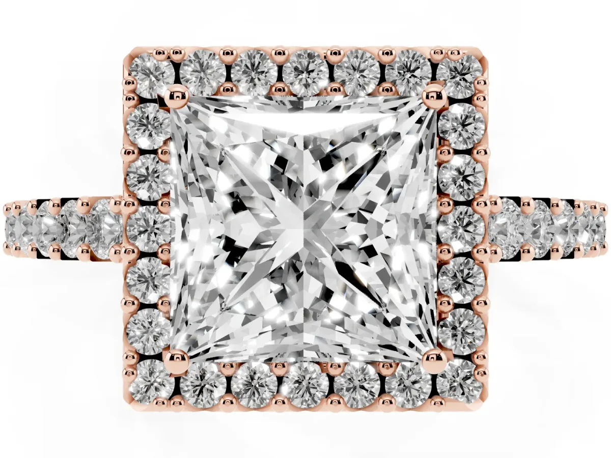 Princess Cut Halo Diamond Pavé Solitaire Ring Rose gold