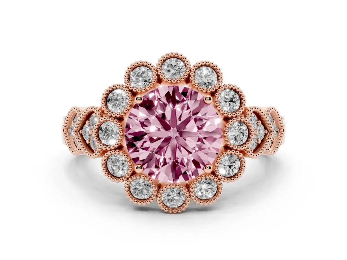 Fancy Pink Round Cut Brilliant Milgrain Pave Heart Band Solitaire Ring Rose gold