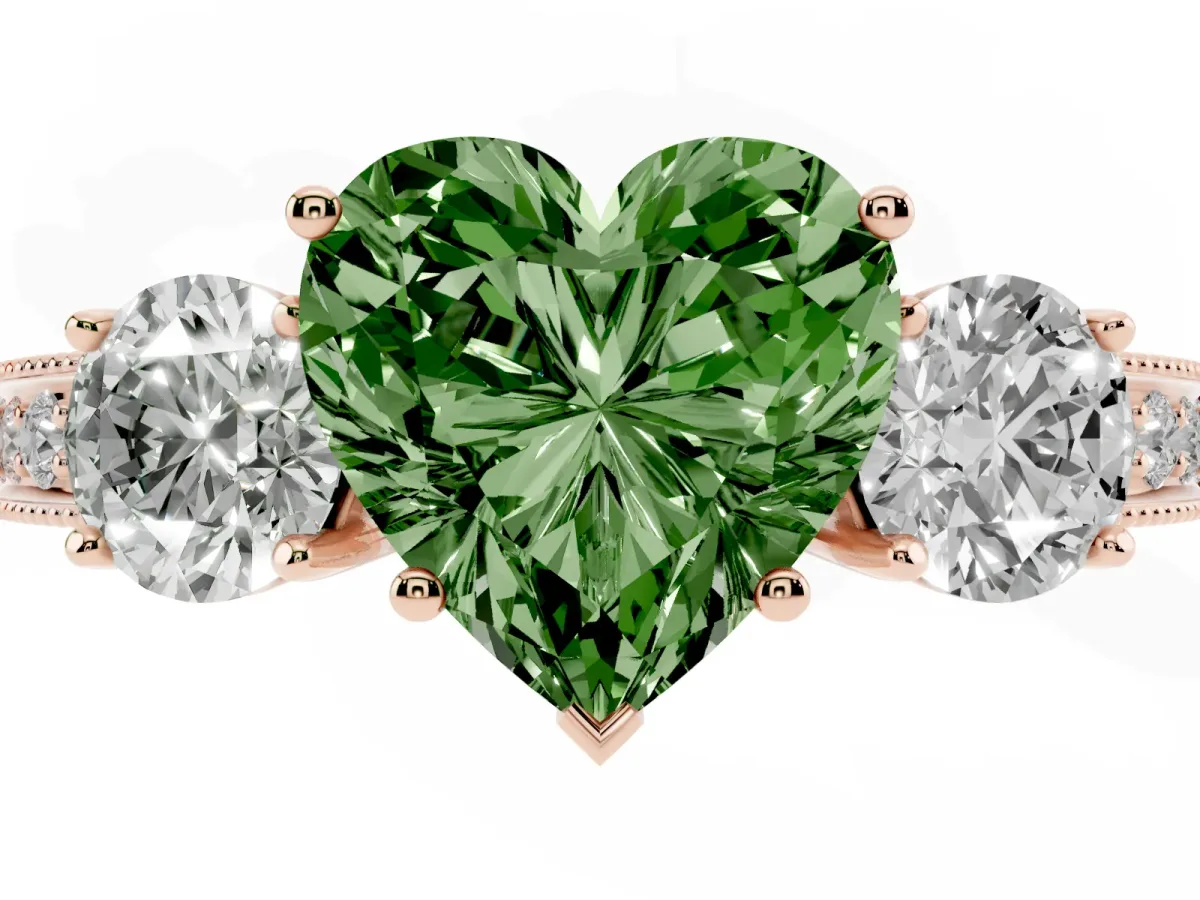 Fancy Green Heart Cut Three-Stone Diamond Ring with Pavé Band and Four-Prong Setting Rose gold