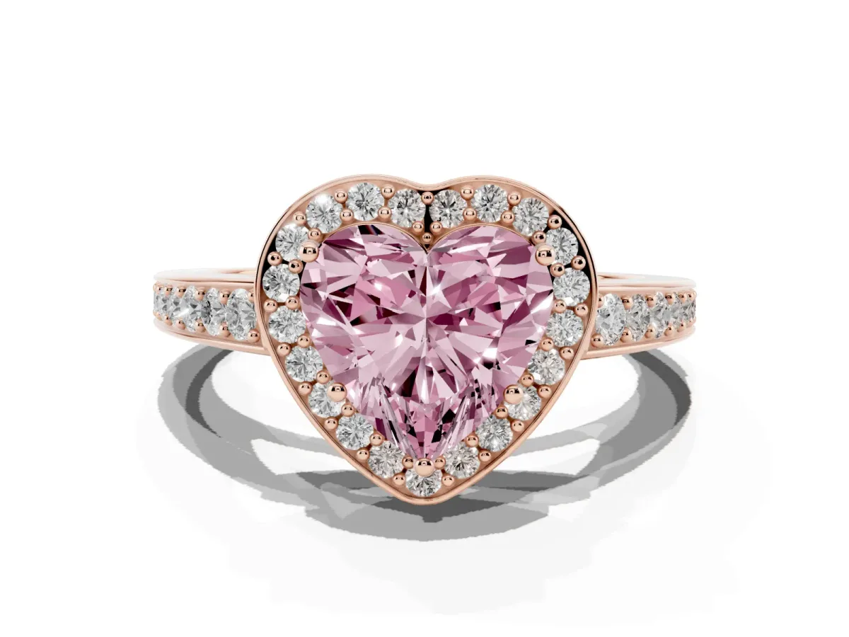 Fancy Pink Heart Cut Halo Pavé Diamond Engagement Ring with Bezel Setting Rose gold