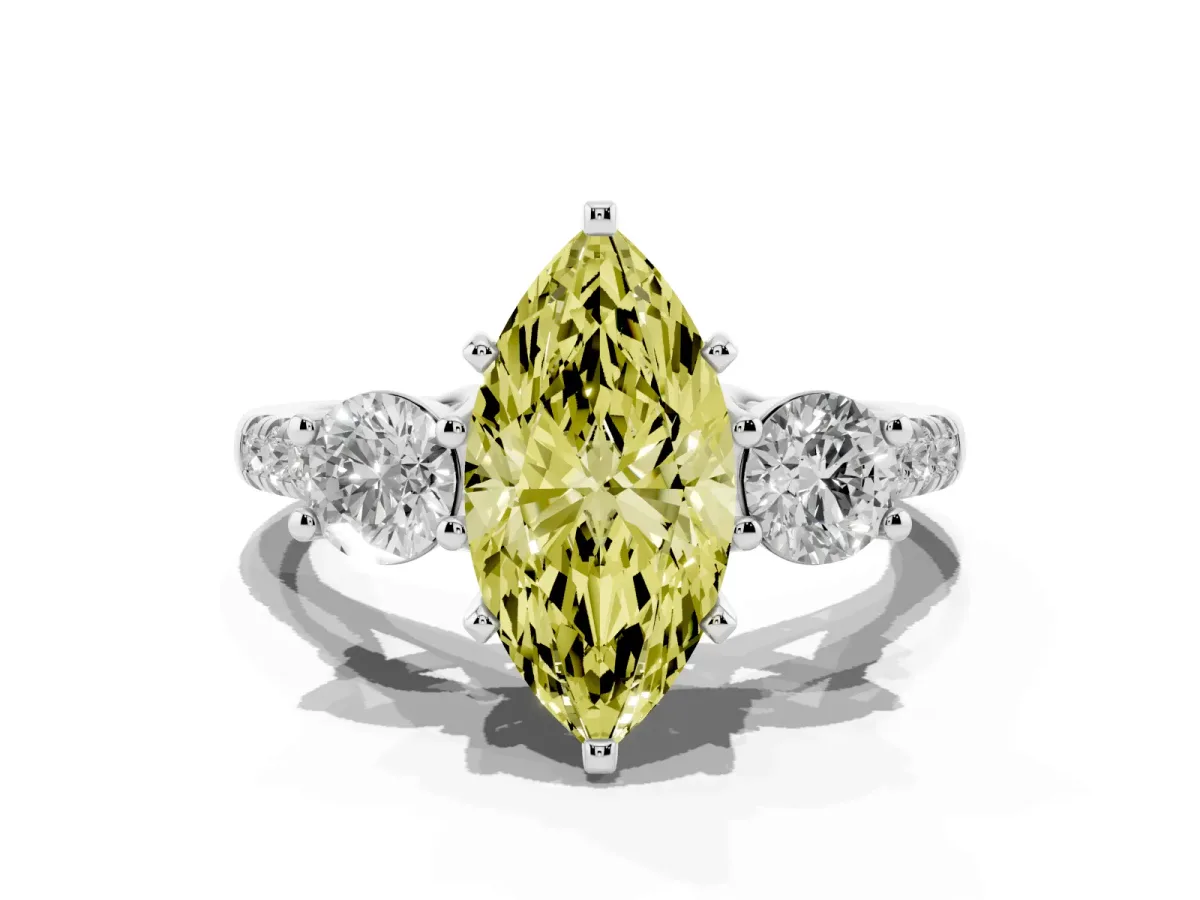 Fancy Yellow Three-Stone Marquise Cut Diamond Pavé Band with Four-Prong Setting Silver