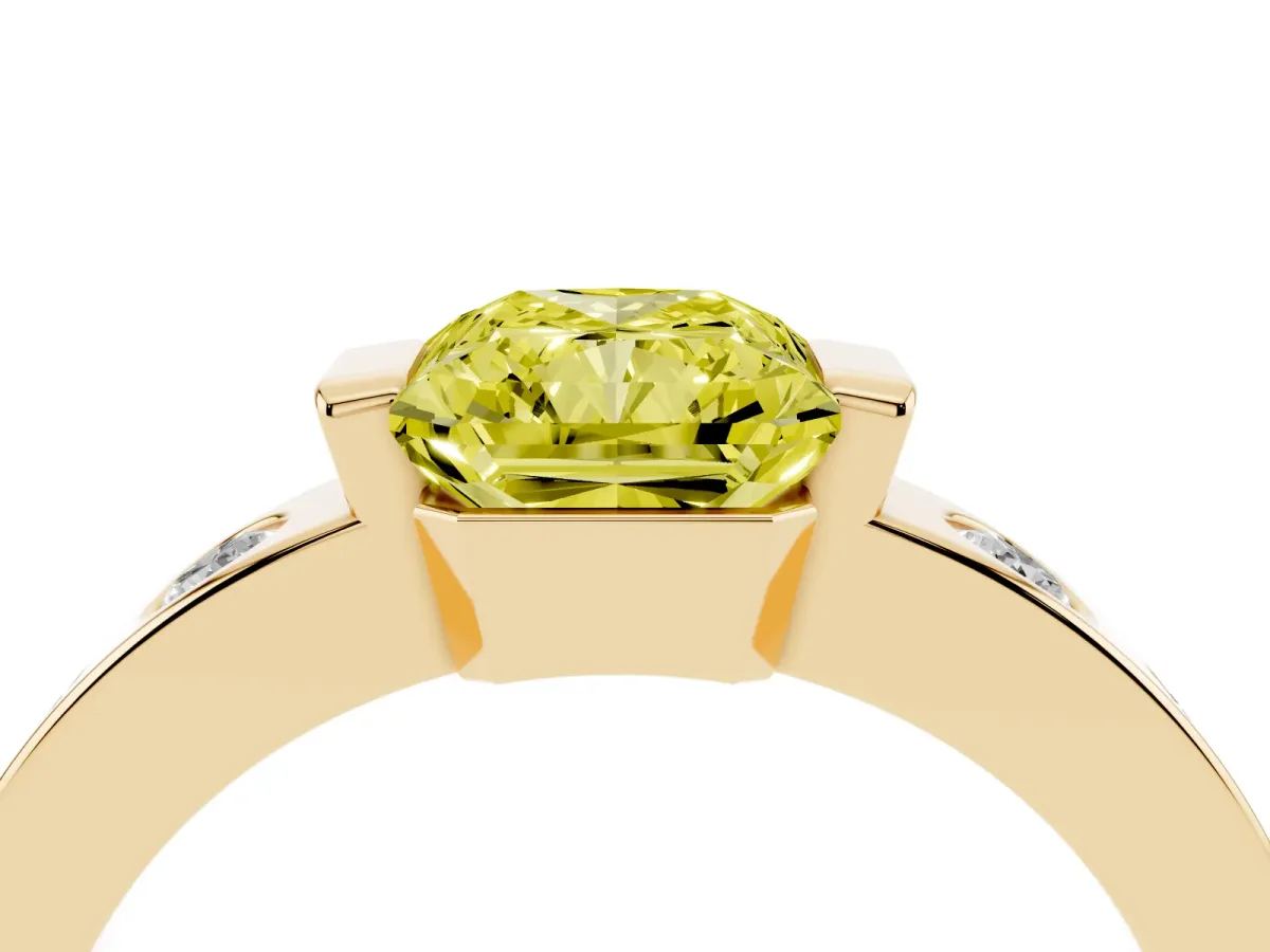 Fancy Yellow Radiant Cut Brilliant Channel-Set Diamond Ring with Bezel Prong Setting Yellow gold