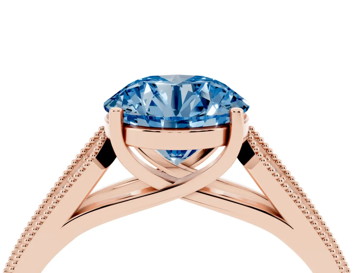 Fancy Blue Round Cut Cut Pave Split Shank Engagement Ring with Four-Prong Setting Rose gold