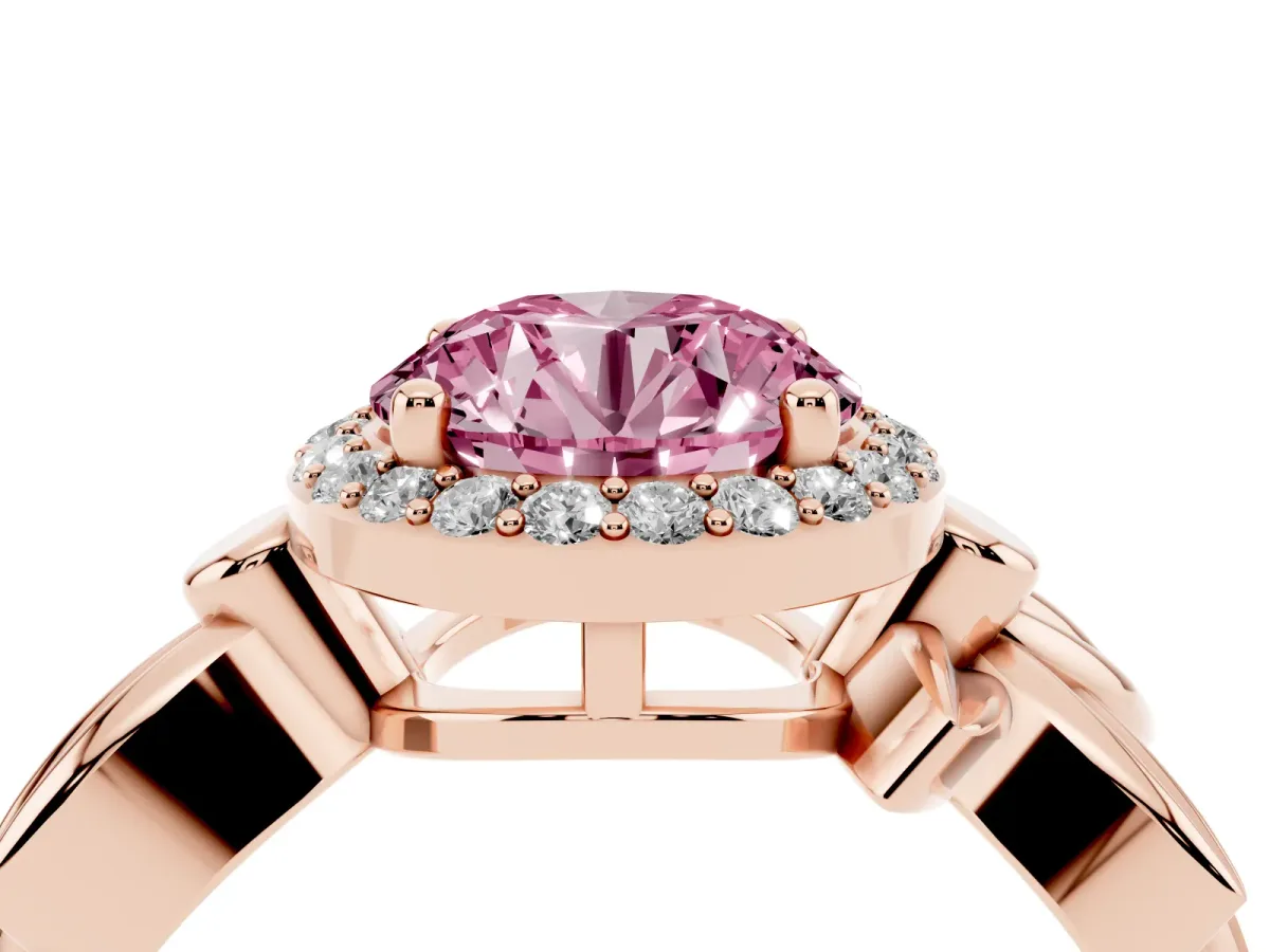 Fancy Pink Round Cut Halo Diamond Floral Band with Four-Prong Setting Rose gold
