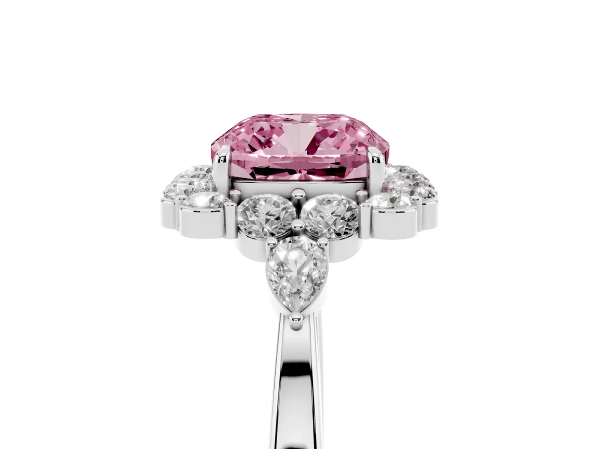 Fancy Pink Cushion Cut Diamond Halo Ring with Pear Side Stones and Prong Setting Silver