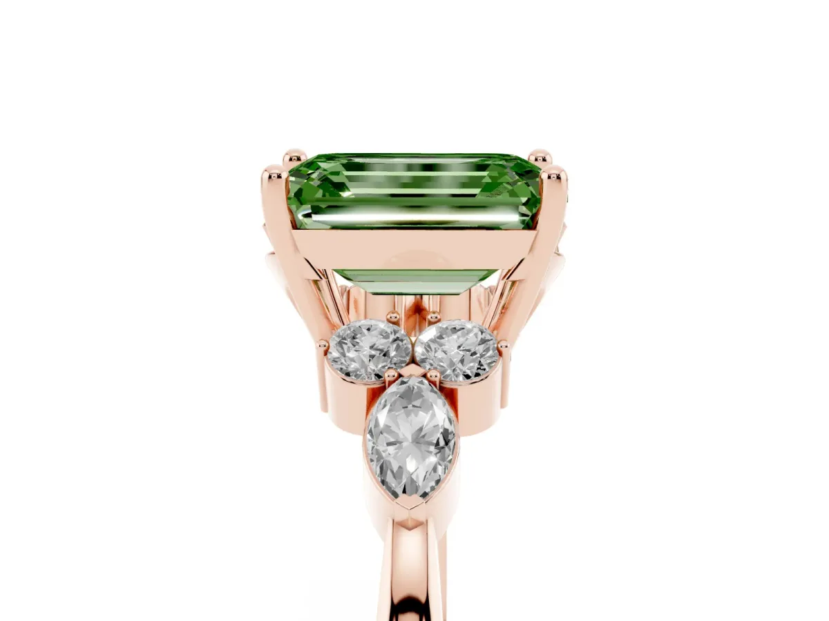 Fancy Green Emerald Cut Brilliant Diamond Solitaire Ring with Pear Side Stones and Four-Prong Setting Rose gold