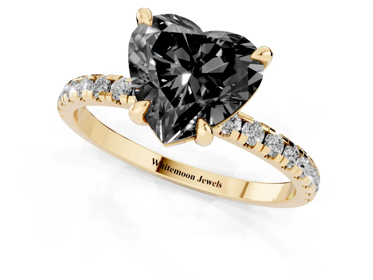 Fancy Black Heart Cut Diamond Brilliant Solitaire Ring with Pavé Band and Four-Prong Setting Yellow gold