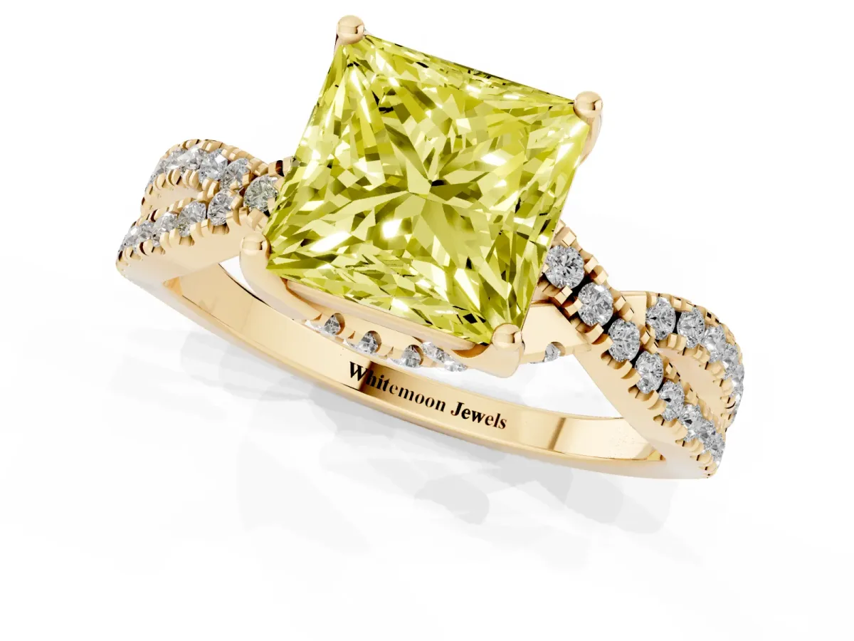 Fancy Yellow Princess Cut Solitaire Twist Pave Diamond Engagement Ring with Prong Setting Yellow gold