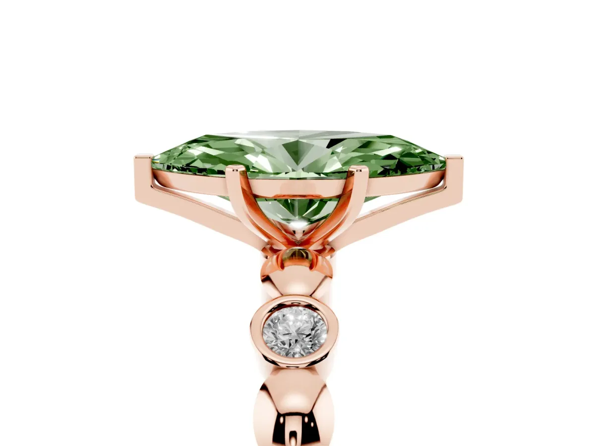 Fancy Green Marquise Cut Solitaire Bezel-Set Diamond Ring with Beaded Band and Four-Prong Setting Rose gold