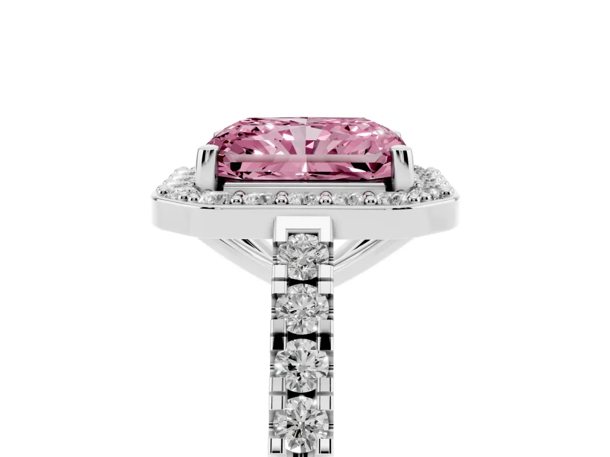 Fancy Pink Radiant Cut Diamond Halo Ring with Round Pavé Split Shank and Prong Setting Silver