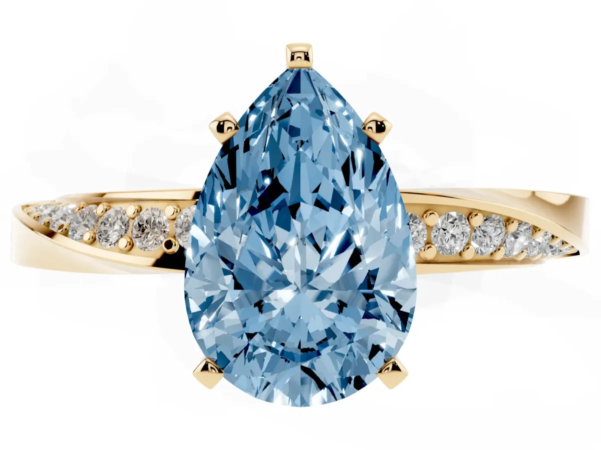 Fancy Blue Pear Cut Diamond Engagement Ring with Side Stone Accents and Four-Prong Setting Yellow gold