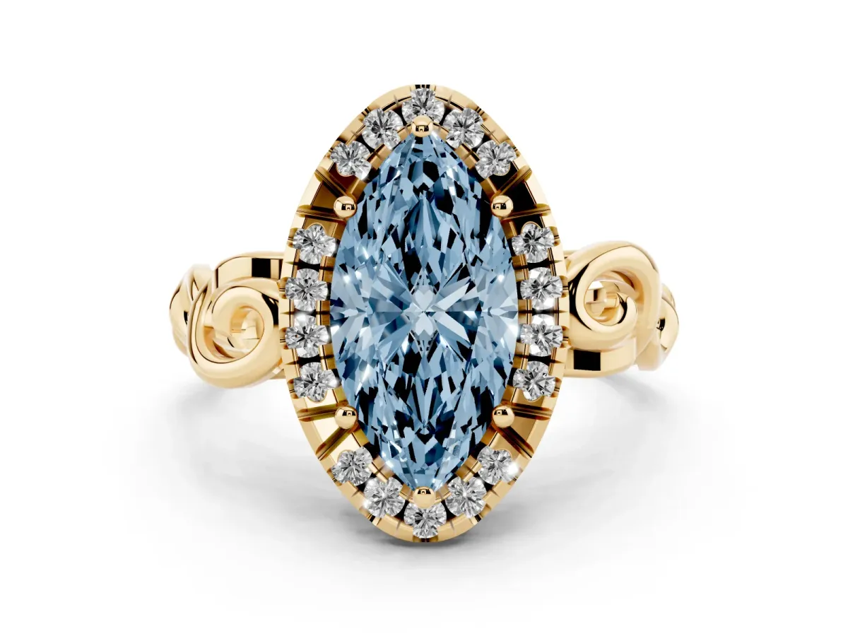 Fancy Blue Marquise Cut Cut Halo Diamond Ring with Scrollwork Band and Four-Prong Setting Yellow gold
