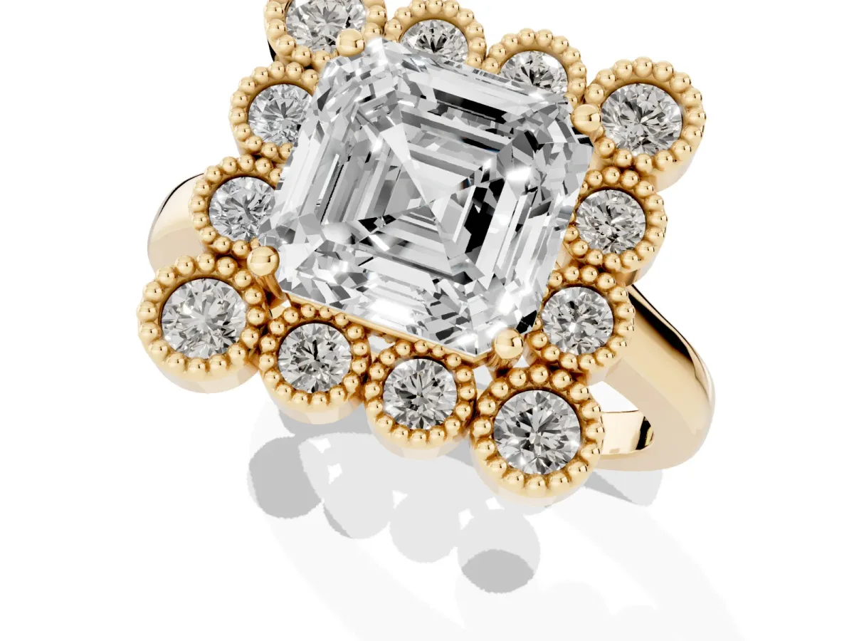 Asscher Cut Halo Diamond Cluster Engagement Ring with Milgrain Bezel Setting and Solitaire Band Yellow gold