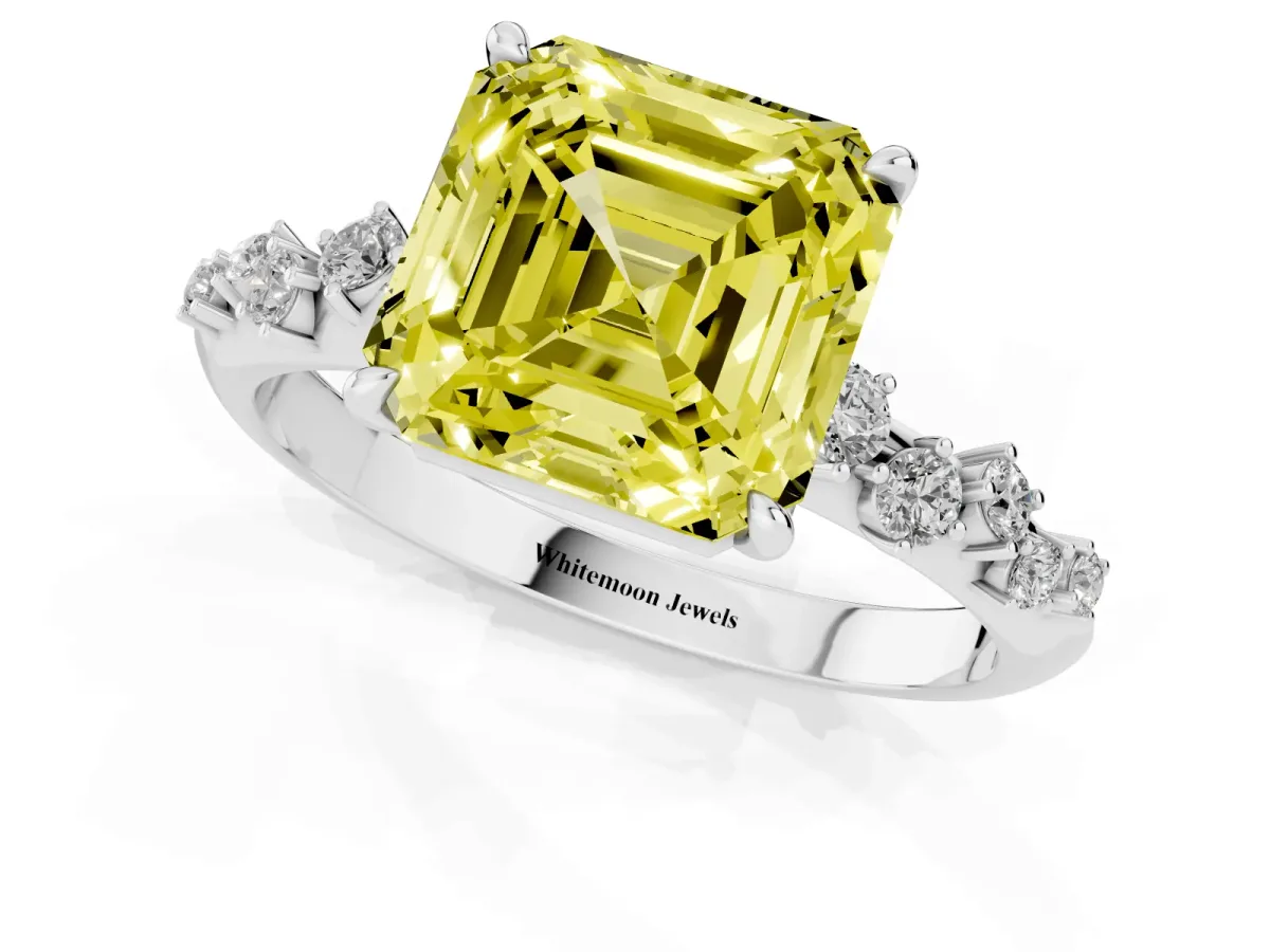 Fancy Yellow Asscher Cut Diamond Cluster Side Stone Solitaire Ring with Prong Setting Platinum