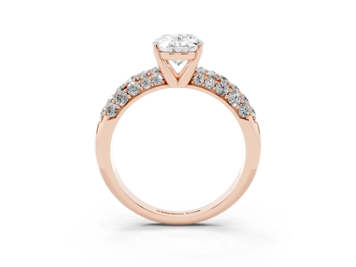 Oval Cut Diamond Pavé Band Solitaire Ring with Four-Prong Setting Rose gold