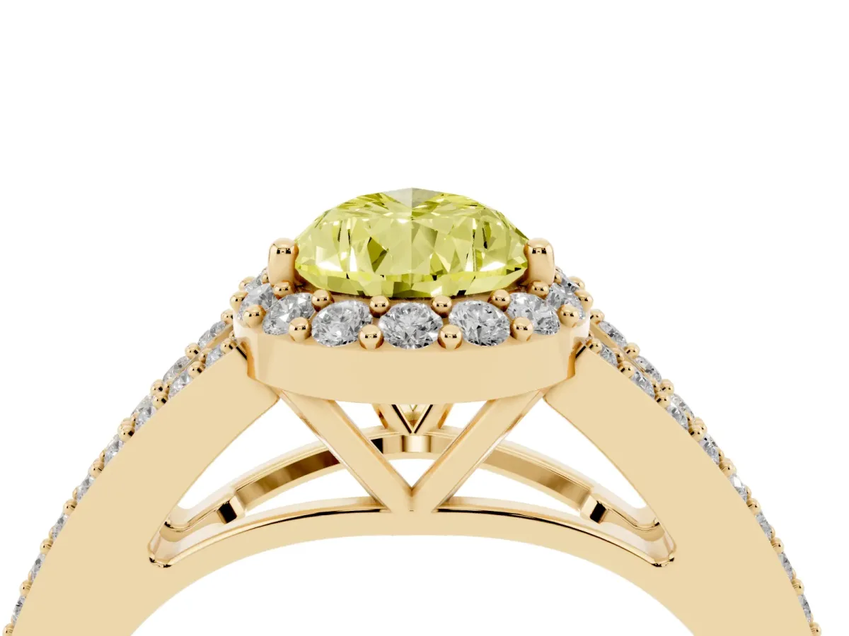 Fancy Yellow Pear Cut Halo Split Shank Pave Diamond Ring with Four-Prong Setting Yellow gold