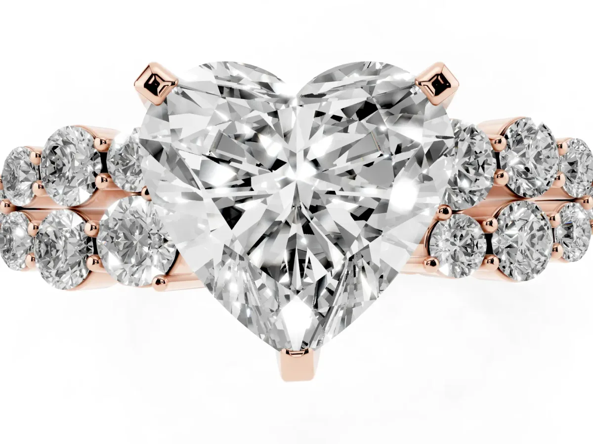 Heart Cut Cluster Diamond Engagement Ring with Pavé Band and Four-Prong Setting Rose gold