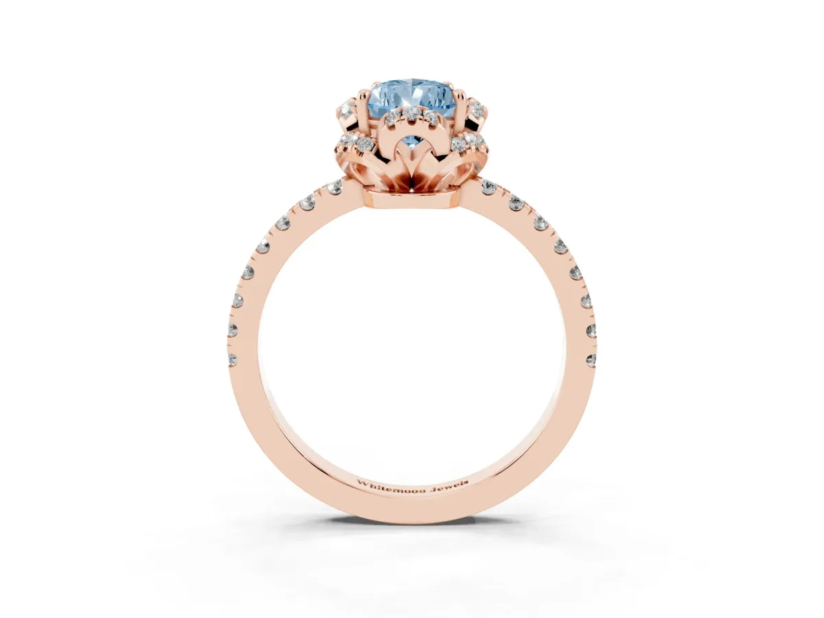 Fancy Blue Pear Cut Halo Diamond Pave Band Ring with Four-Prong Setting Rose gold